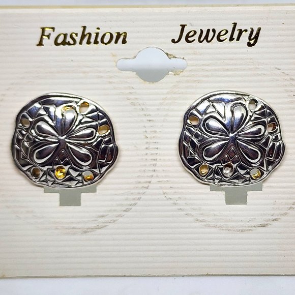 Vintage "MJ" Marie Jennifer Sand Dollar Silver Large Pierced Earrings NOS - Picture 4 of 9